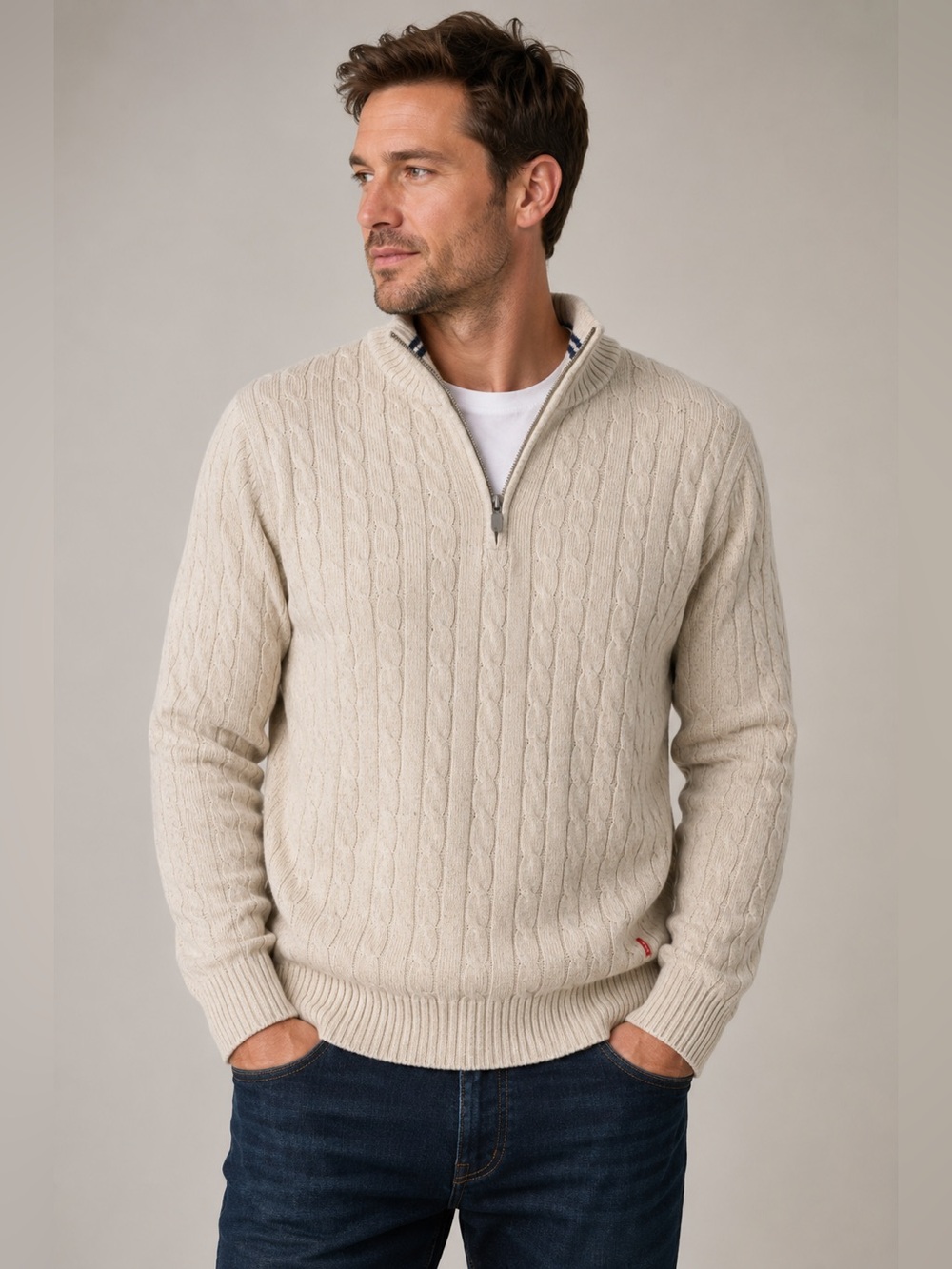 IZOD Men’s Cable Knit Quarter-Zip Sweater Tan Size Large